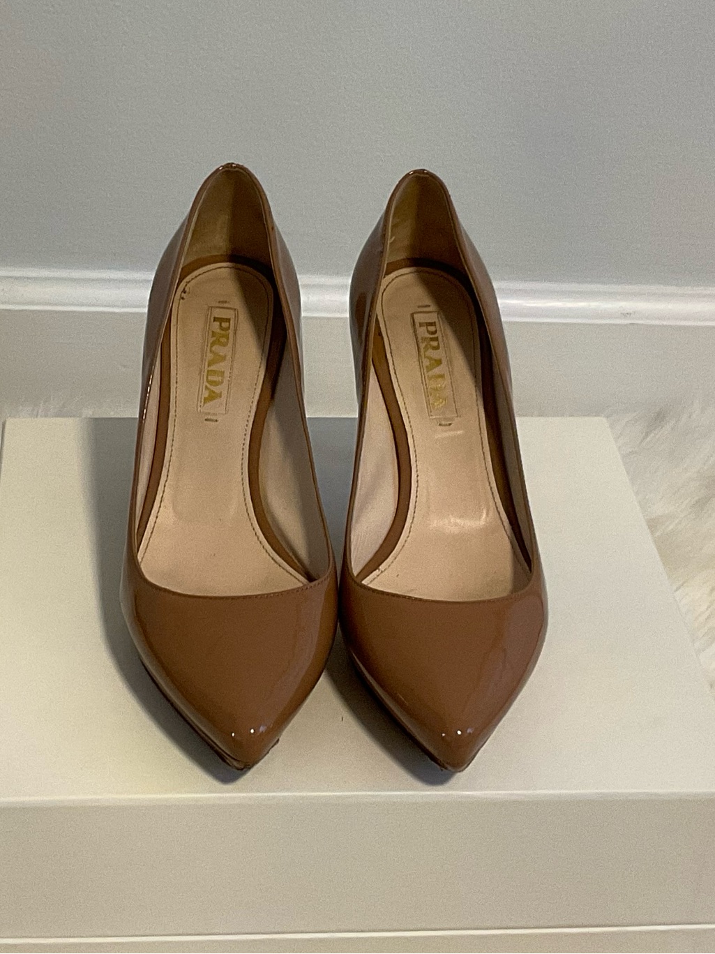 Prada Brown Patent Pointed-Toe Pumps. Includes Dust Bag